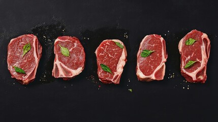 Poster - Sirloin medallion steaks arranged on a dark surface garnished with fresh basil leaves ready for cooking and grilling preparation