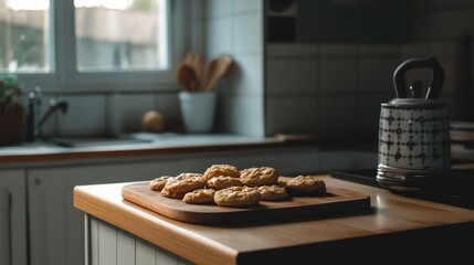 Aufkleber - Homemade peanut butter cookies cooling on a stylish kitchen counter with a cozy atmosphere and natural light streaming through the window
