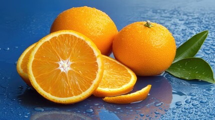 Poster - Fresh and vibrant oranges with slices arranged on a blue background showcasing water droplets and green leaves for a refreshing look