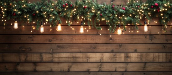 Poster - Garland lamps and fairy lights above a rustic wooden fence creating a warm and festive decorative backdrop for celebrations.