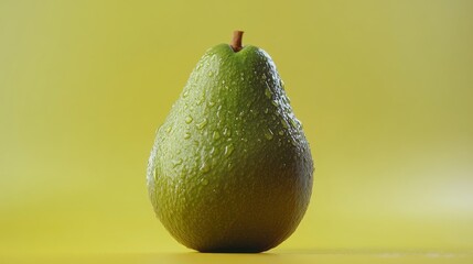 Poster - vibrant green avocado with water droplets on yellow background showcasing freshness and healthy eating concept