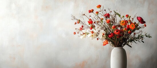 Poster - Vibrant bouquet of mixed seasonal flowers in a white vase against a soft light background for a refreshing home decor ambiance