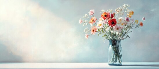 Poster - Colorful bouquet of fresh flowers in a clear vase with soft light background creating an elegant and serene atmosphere.