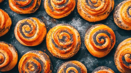 Poster - Freshly baked sweet buns with poppy seeds arranged in a spiral pattern on a dark baking tray inviting an appetizing presentation.