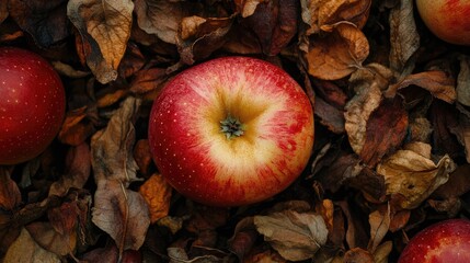 Poster - Fresh apple surrounded by dried apples and colorful autumn leaves showcasing seasonal contrasts and natural textures.