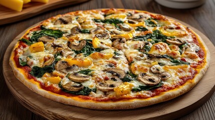 Aufkleber - Delicious freshly baked vegetarian pizza topped with mushrooms and spinach served on a rustic wooden table ideal for fast food promotion