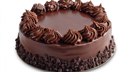 Poster - Decadent Chocolate Cake with Rich Ganache and Artistic Swirls Topped with Chocolate Chips and Truffles on a Clean White Background