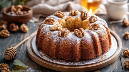 Aufkleber - Delicious autumn walnut cake adorned with honey and nuts on wooden table with rustic decor and warm lighting