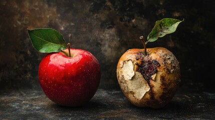 Poster - Fresh and decaying apples side by side showcasing contrast of vibrant color and texture against a dark moody background