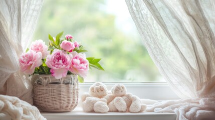 Aufkleber - Bunch of pink peonies in a woven vase on a window sill with soft toys creating a serene rustic home decor atmosphere.