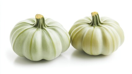 Poster - Green butterhead squash vegetables arranged on a white background showcasing their unique shape and texture for culinary or gardening themes.