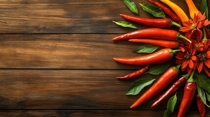 Aufkleber - Vibrant assortment of fresh Bulgarian peppers and colorful flowers on a rustic wooden background in a top view composition