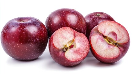 Aufkleber - Juicy red apples with cut half displaying vibrant flesh and appealing texture on white background for fresh produce marketing.