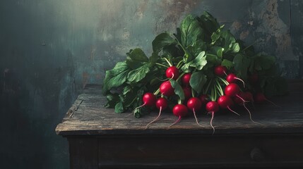 Poster - Vibrant Fresh Radishes Gathered on Rustic Wooden Surface with Green Leaves Background