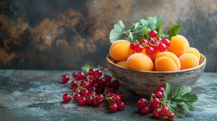 Poster - Fresh apricots and red currants arranged in a rustic bowl with mint leaves on a textured surface showcasing a summer harvest theme