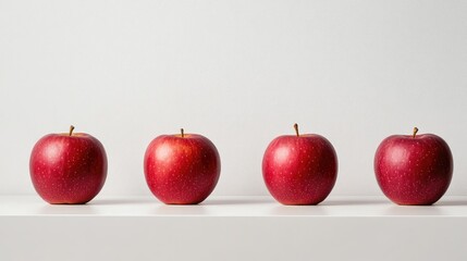 Poster - Red apples neatly arranged on a white shelf against a minimalistic background showcasing their vibrant color and fresh appearance.