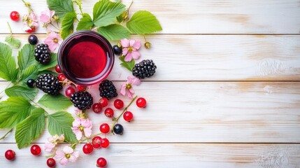 Poster - Vibrant assortment of fresh berries and a berry drink on green leaves surrounded by pink flowers on a rustic wooden background