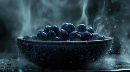 Poster - Steaming bowl of fresh blueberries against a dark backdrop highlighting moisture and freshness in a culinary setting.