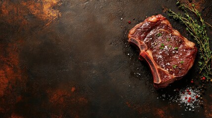 Poster - Juicy beef ossobuco steak seasoned with salt and herbs on a rustic textured background ready for gourmet preparation