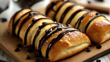 Poster - Delicious freshly baked rolls drizzled with rich chocolate syrup on a wooden board
