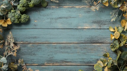 Poster - Vibrant fresh broccoli surrounded by herbs and flowers on rustic wooden background for healthy eating and cooking concept.