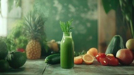 Poster - Fresh green smoothie in glass bottle surrounded by fruits and vegetables promoting health and detoxification natural lifestyle concept