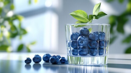 Poster - Fresh blueberries in glass with mint leaves against a soft light background enhancing the vibrant colors and natural freshness of the fruit.
