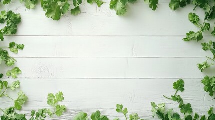 Poster - Aromatic fresh cilantro leaves arranged on a white wooden table creating a vibrant and natural background for culinary presentations.