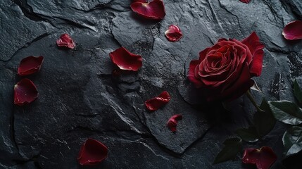 Poster - Burgundy rose with scattered petals on a textured black stone surface elegant minimalist aesthetic for greeting cards and floral designs