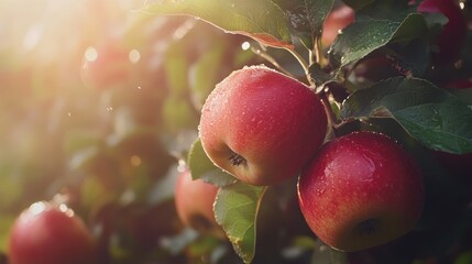 Poster - Ripe red apples glistening with morning dew on a sunlit branch in an orchard setting.