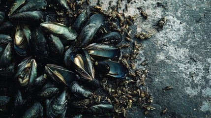 Poster - Raw green mussels arranged on a textured surface with scattered shells and sea debris showcasing seafood freshness and culinary potential.