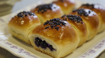 Aufkleber - Freshly Baked Blueberry Muffin Rolls Glazed with Topping on a White Plate for Delicious Dessert Appeal