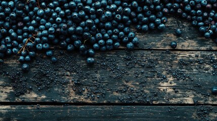 Poster - Freshly harvested blueberries scattered on rustic wooden surface showcasing their vibrant color and natural texture from an overhead perspective