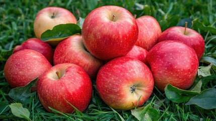 Aufkleber - Red apples resting on lush green grass creating a vibrant natural background ideal for health and food-related concepts.