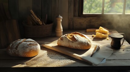 Poster - Rustic kitchen scene with fresh homemade bread on wooden cutting board and soft morning sunlight illuminating the cozy atmosphere