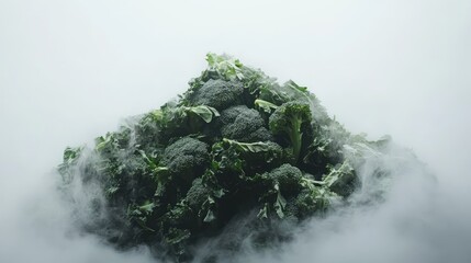Poster - Fresh broccoli surrounded by mist on a white background showcasing its vibrant green color and healthy appeal for food photography.