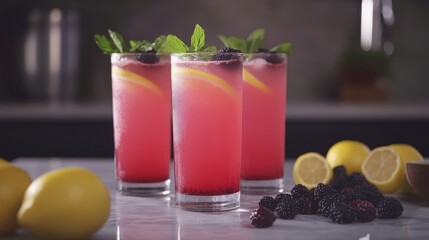 Poster - Refreshing berry lemonade served in tall glasses with mint garnishes and lemons on a marble table, perfect for summer gatherings.
