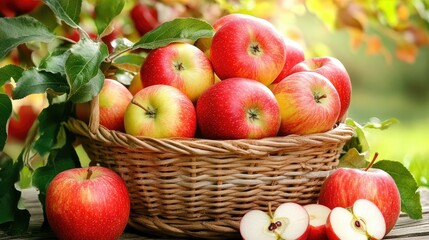 Aufkleber - Ripe red apples in a woven basket surrounded by green leaves and fresh cut apples on a rustic wooden table in natural sunlight