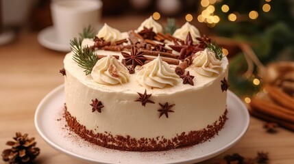 Aufkleber - Homemade cake decorated with winter spices and green spruce branches on a festive table setting with bokeh lights in the background