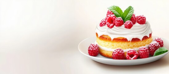 Aufkleber - Sponge cake garnished with raspberries and mint leaves on a white plate with a soft neutral background for culinary and dessert themes