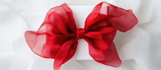 Poster - Elegant white gift box featuring a striking red ribbon bow prominently displayed on a clean white background for festive occasions