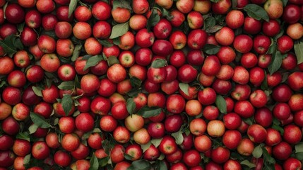 Poster - Vibrant assortment of fresh red and green apples with lush leaves creating a rich natural background for culinary or agricultural themes