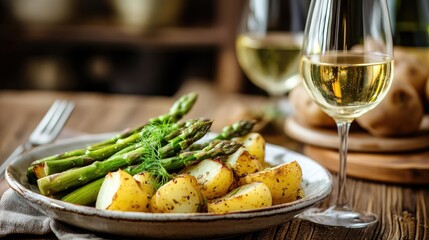 Aufkleber - Delicious plated asparagus and potatoes with white wine on a rustic wooden table setting perfect for gourmet dining experiences