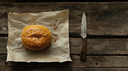 Poster - Juicy hamburger on rustic wooden table with knife alongside showcasing deliciousness and culinary appeal