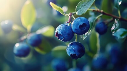 Poster - Blueberry branch with fresh berries illuminated by soft light showcasing vibrant colors and textures in a natural setting