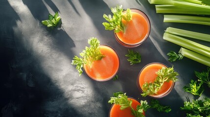 Aufkleber - Fresh carrot juice in glasses garnished with celery Healthy vegetarian beverage and nutrition concept