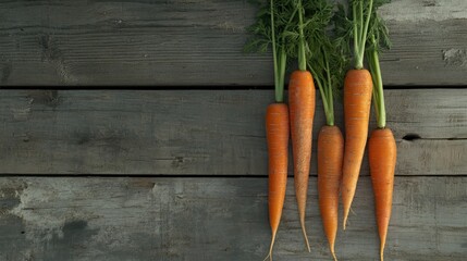 Poster - Bunch of fresh organic carrots with green tops arranged on a rustic wooden background showcasing natural farm produce and healthy eating