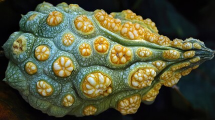 Aufkleber - Close-up view of uniquely textured bitter gourd showcasing its vibrant colors and intricate surface details against a dark background