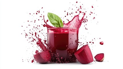 Poster - Vibrant splash of fresh beetroot juice with ice and basil leaves on a pristine white background