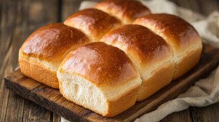 Poster - Golden brown freshly baked dinner rolls displayed on a rustic wooden board with a soft cloth for an inviting culinary presentation.